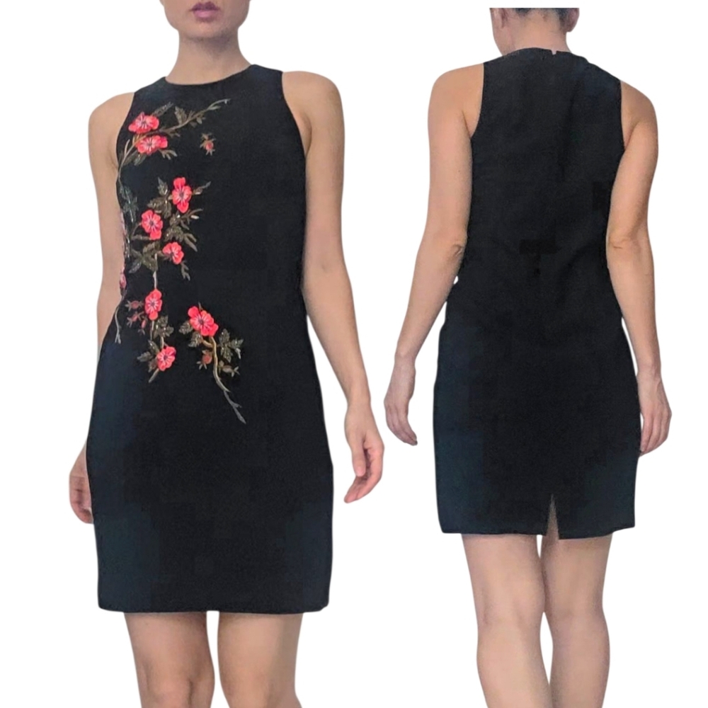 Kay Unger Floral Embroidered Beaded Black Sheath Tailored Mini Dress Size Size 6